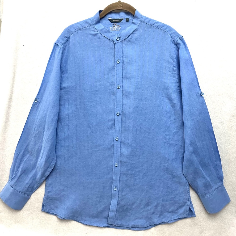 BOHIO Mens Blue 100% Linen Mandarin Collar Dobby Stripe Button Down Shirt Large
